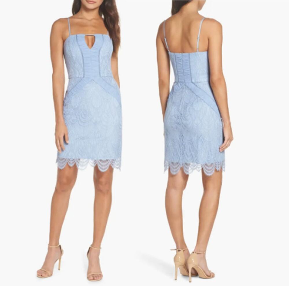 Harlyn Scallop Hem Lace Cocktail Sheath Bodycon Periwinkle Blue Dress Small